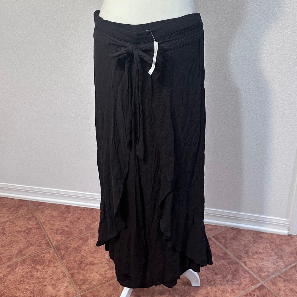 Fall Transitional Crinkle Wrap Maxi Skirt Culotte Pants Combo Womens L Black